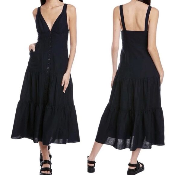 A.L.C. Jolie Silk & Linen Blend Tiered Button Front Midi Dress in Navy Blue Sz 6 - Picture 1 of 11